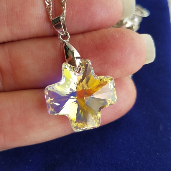 Swarovski Elements 925 Sterling Silver Aurora Borealis Cross Necklace NWT - Picture 6 of 11